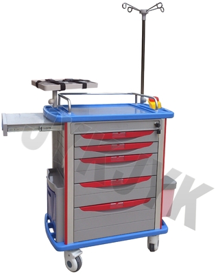 ABS Emergency Medical Trolley Cart With Fiver Drawers CPR Board Hospital Furniture